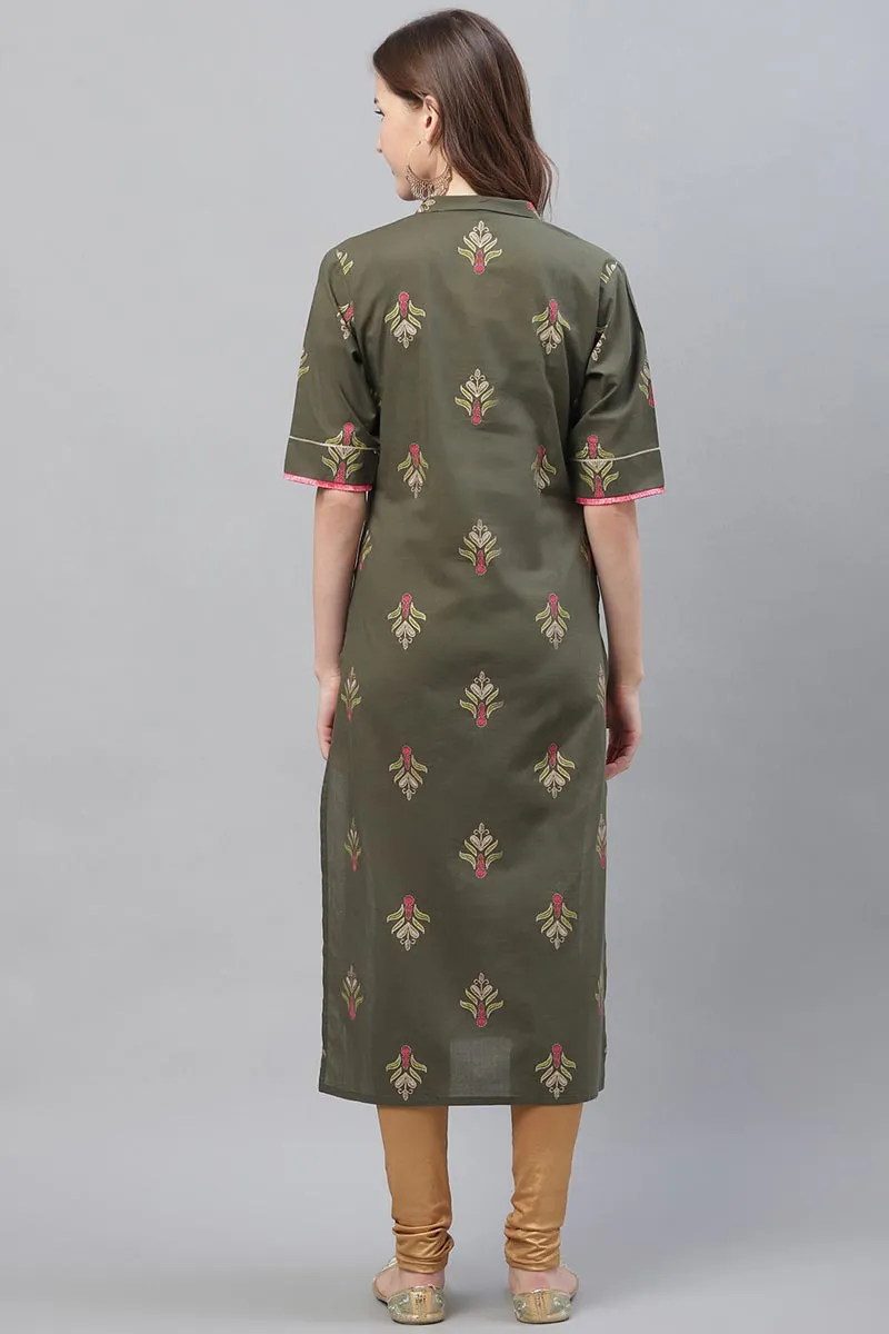 Dark Olive Green Occasion Wear Printed Cotton Kurti VCK1554