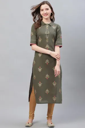 Dark Olive Green Occasion Wear Printed Cotton Kurti VCK1554