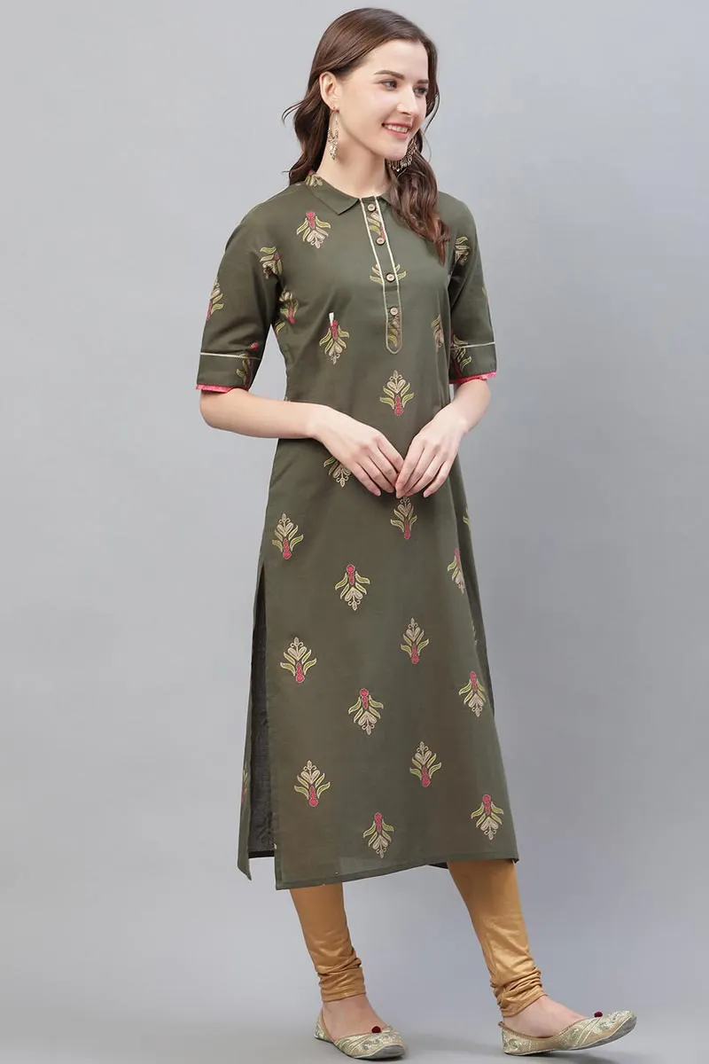 Dark Olive Green Occasion Wear Printed Cotton Kurti VCK1554