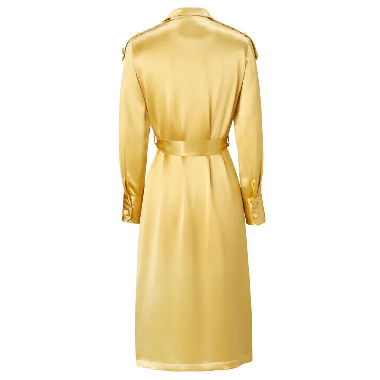 Designer Belted Silk Satin Coat In Yellow