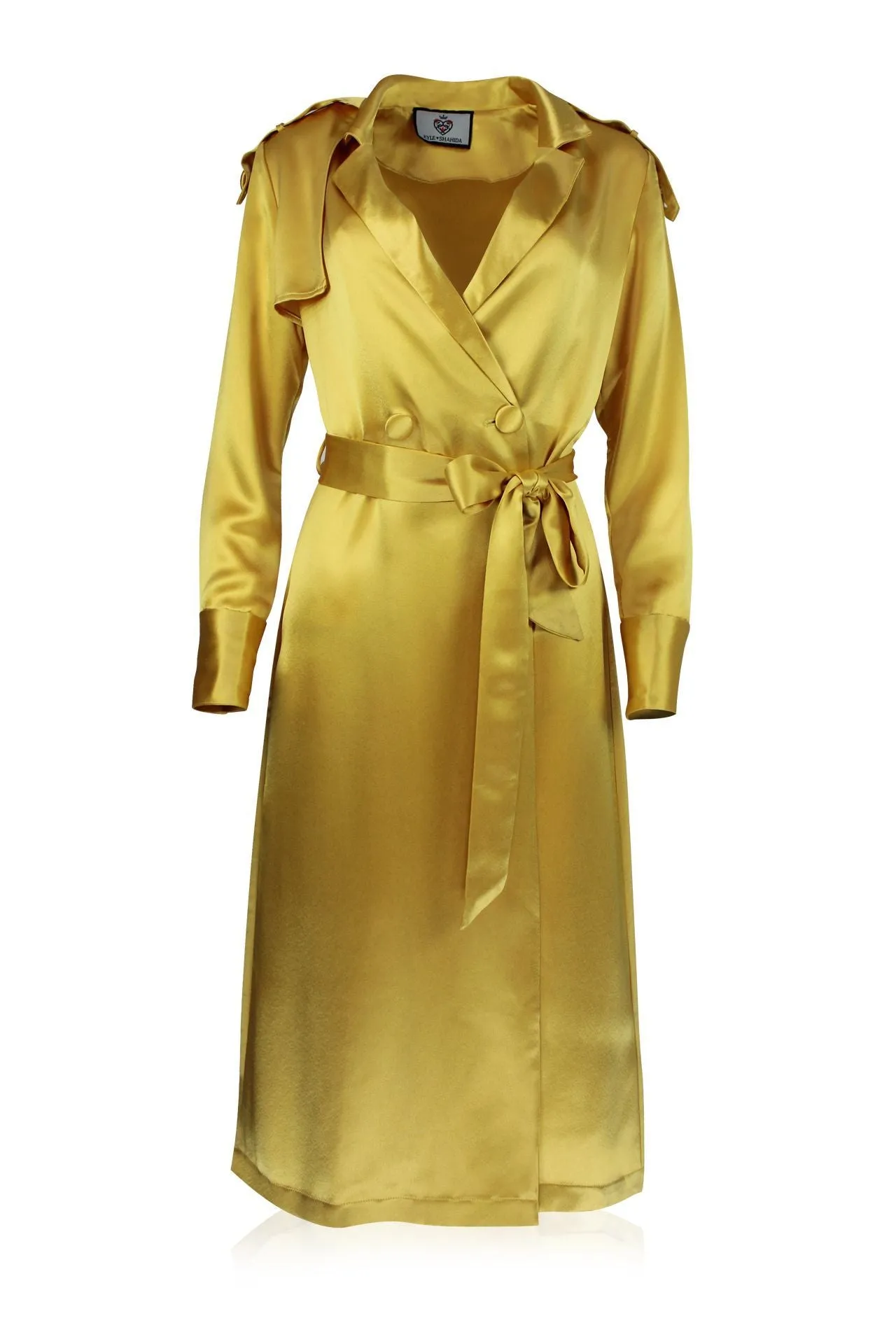 Designer Belted Silk Satin Coat In Yellow