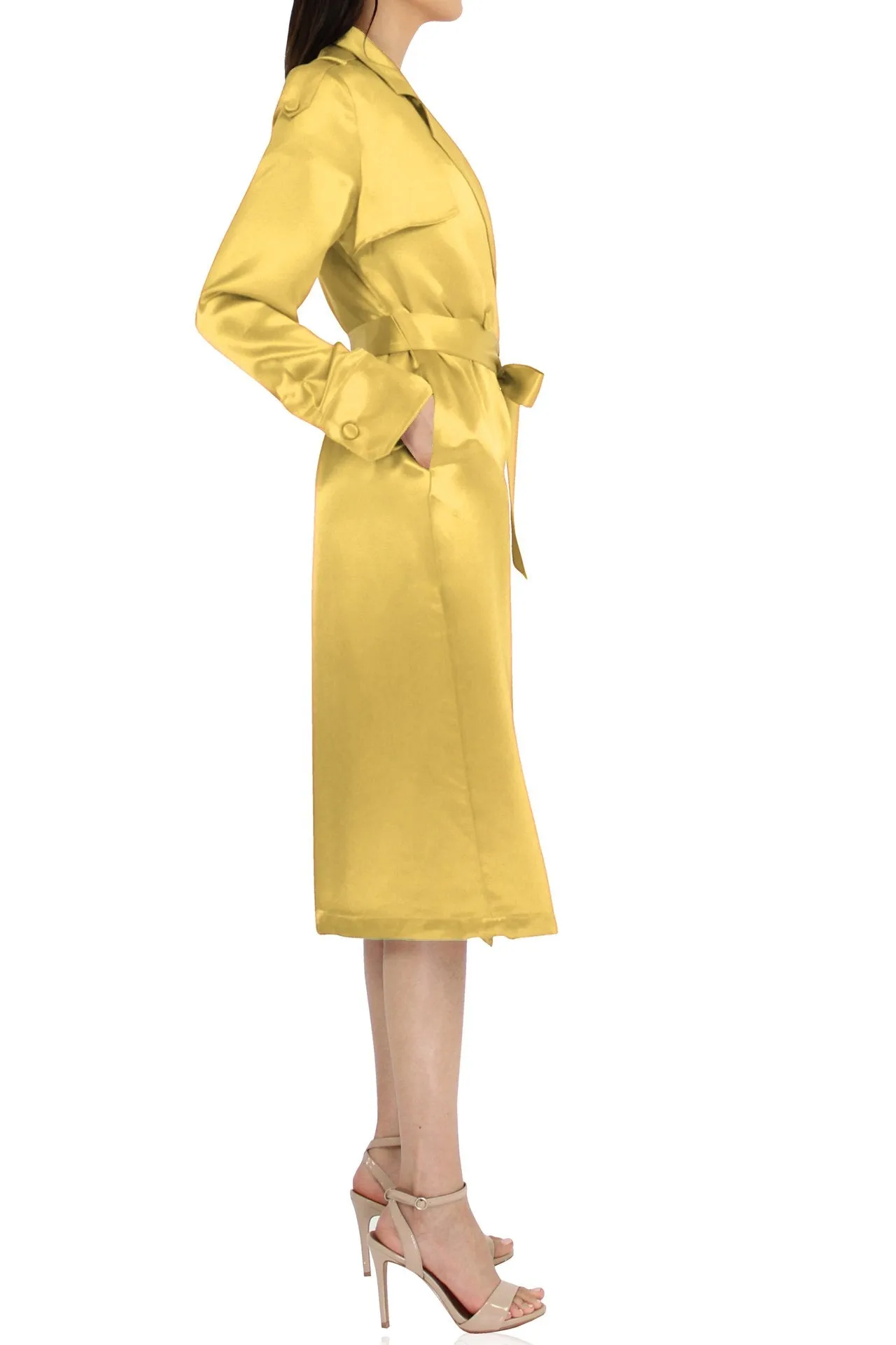 Designer Belted Silk Satin Coat In Yellow