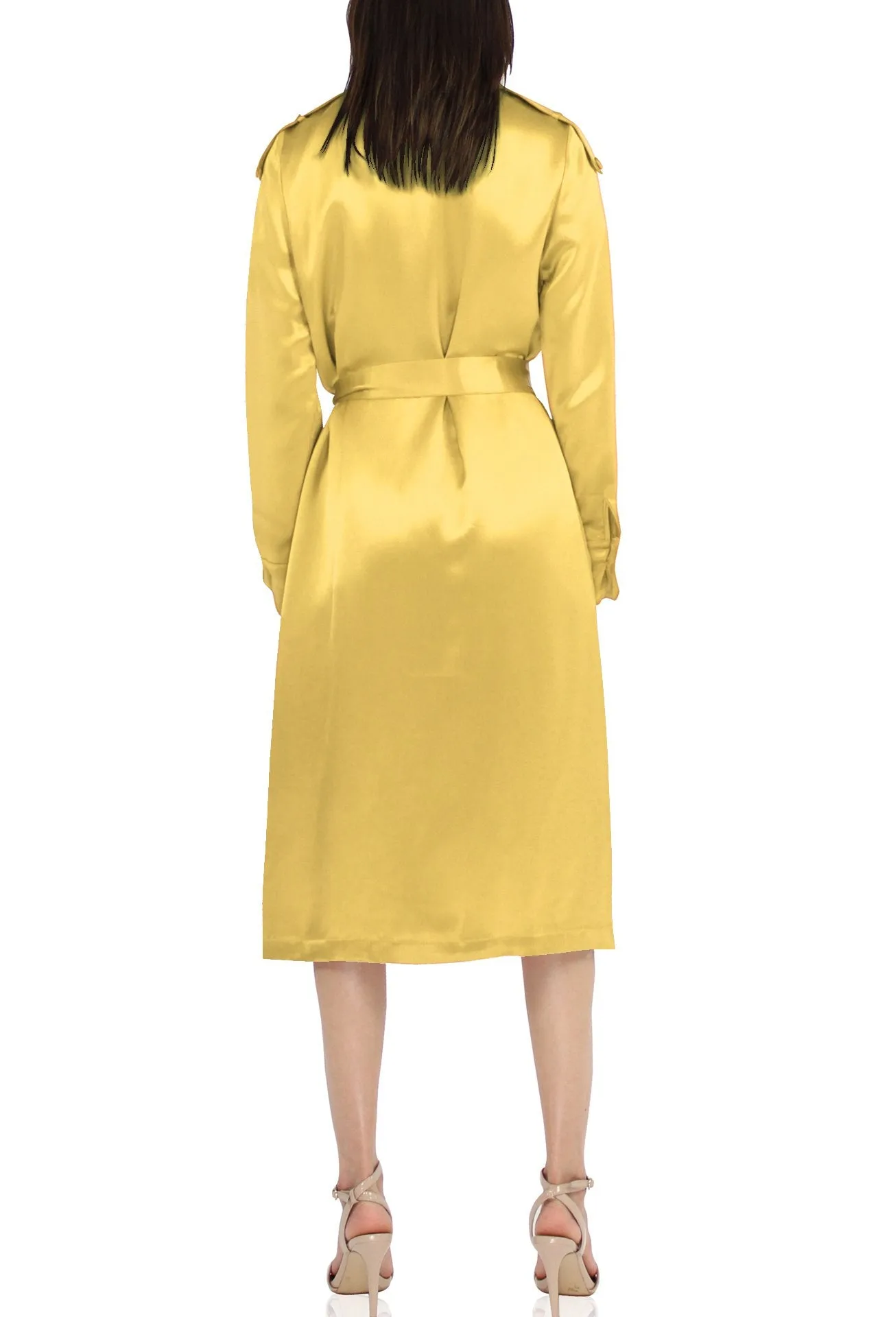 Designer Belted Silk Satin Coat In Yellow