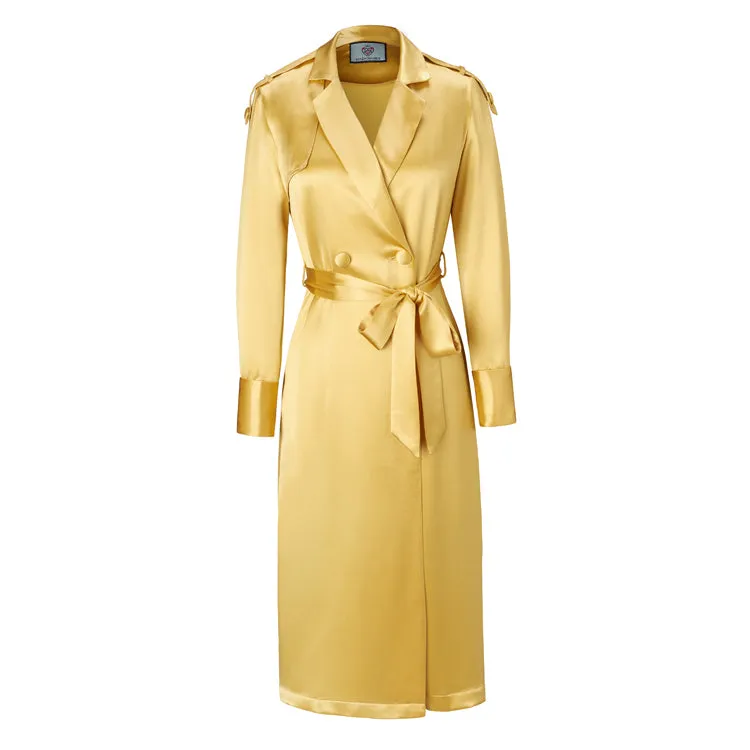 Designer Belted Silk Satin Coat In Yellow