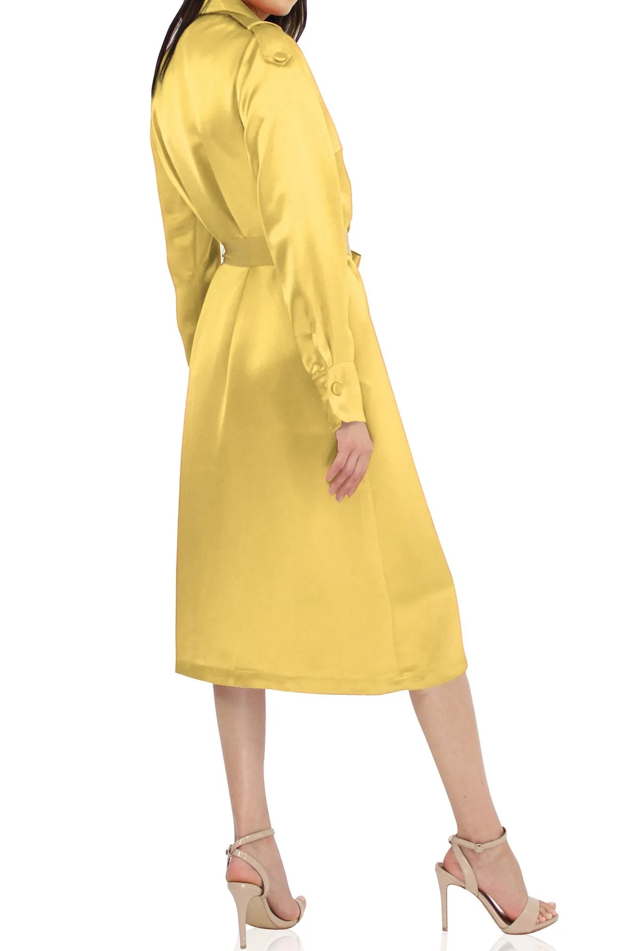 Designer Belted Silk Satin Coat In Yellow