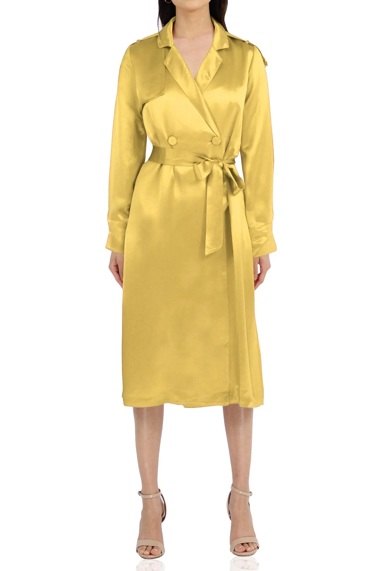 Designer Belted Silk Satin Coat In Yellow