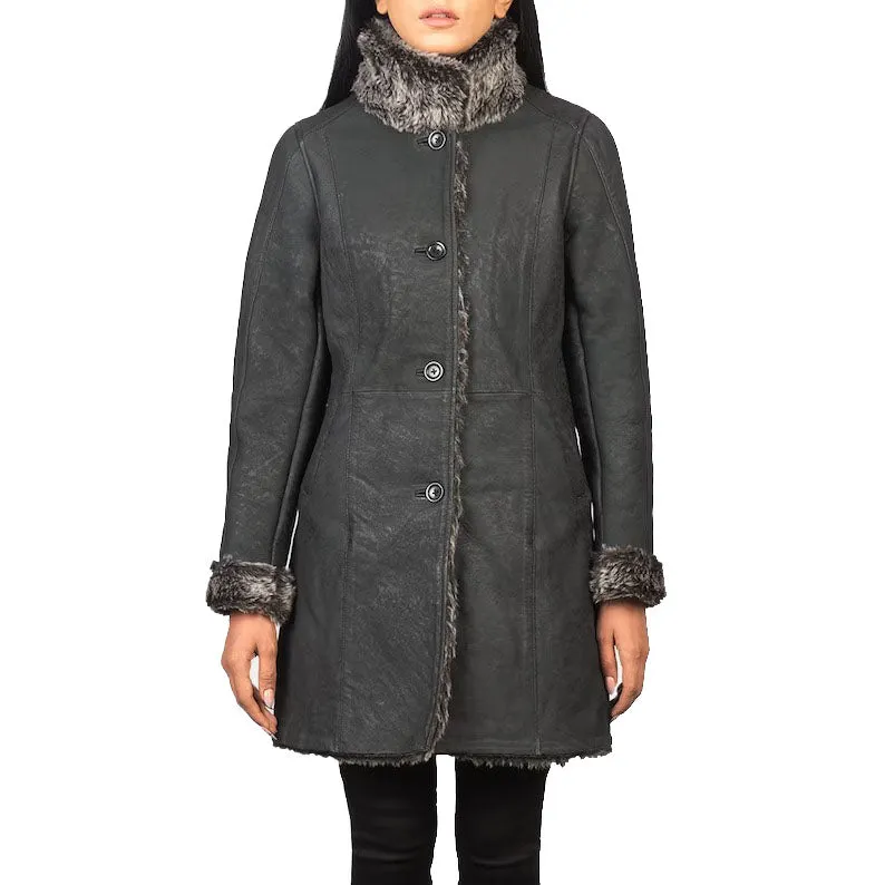 Distressed Black Shearling Leather Coat For Women