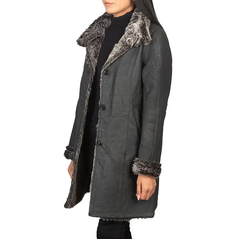 Distressed Black Shearling Leather Coat For Women