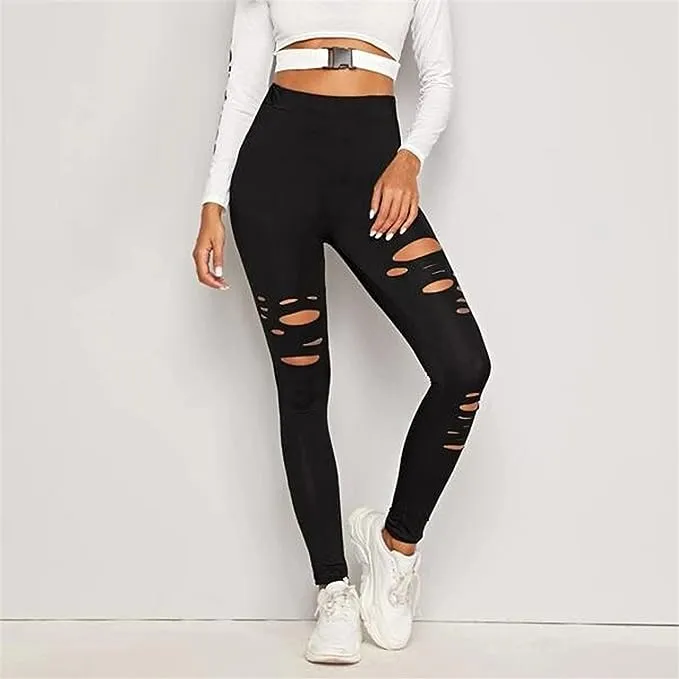 Distressed Knit Black Stretch Leggings