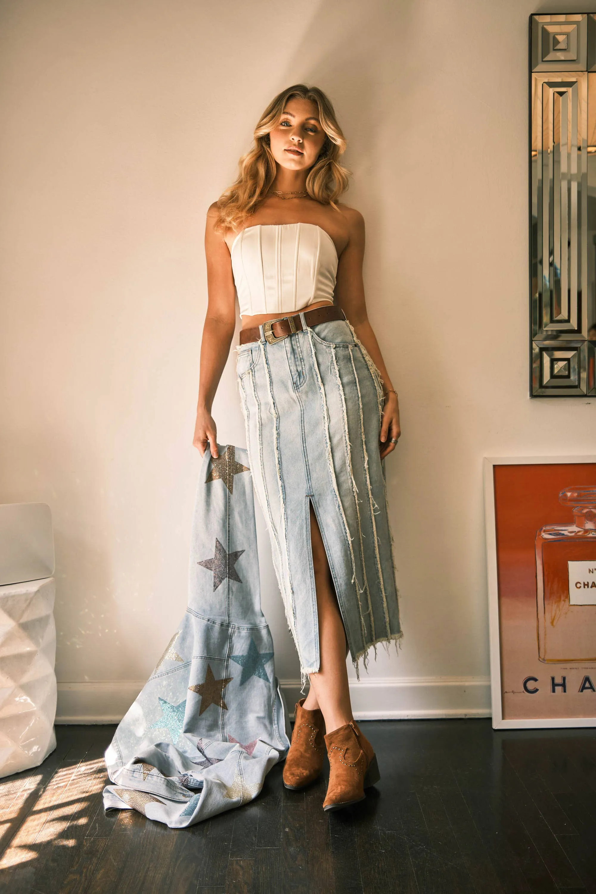 Distressed Maxi Denim Skirt