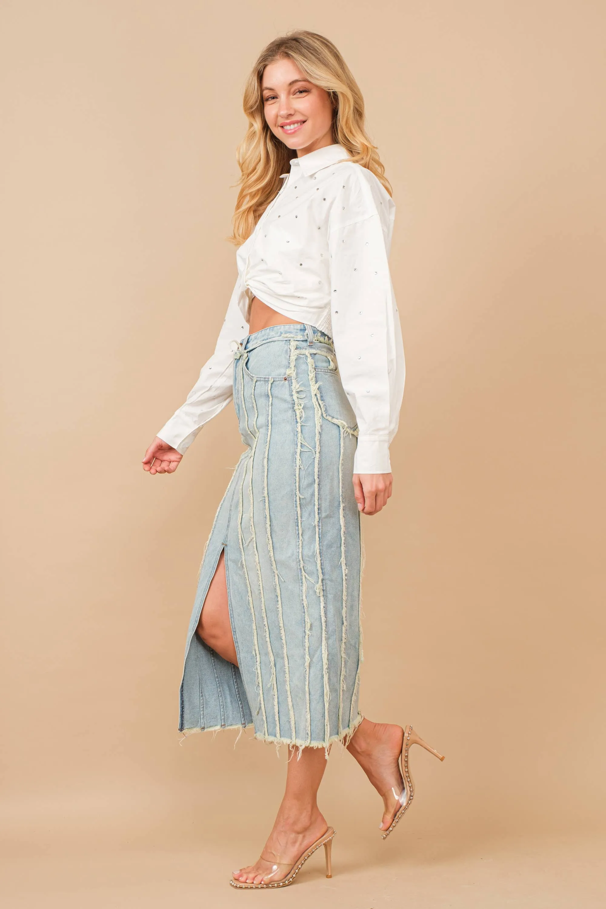 Distressed Maxi Denim Skirt