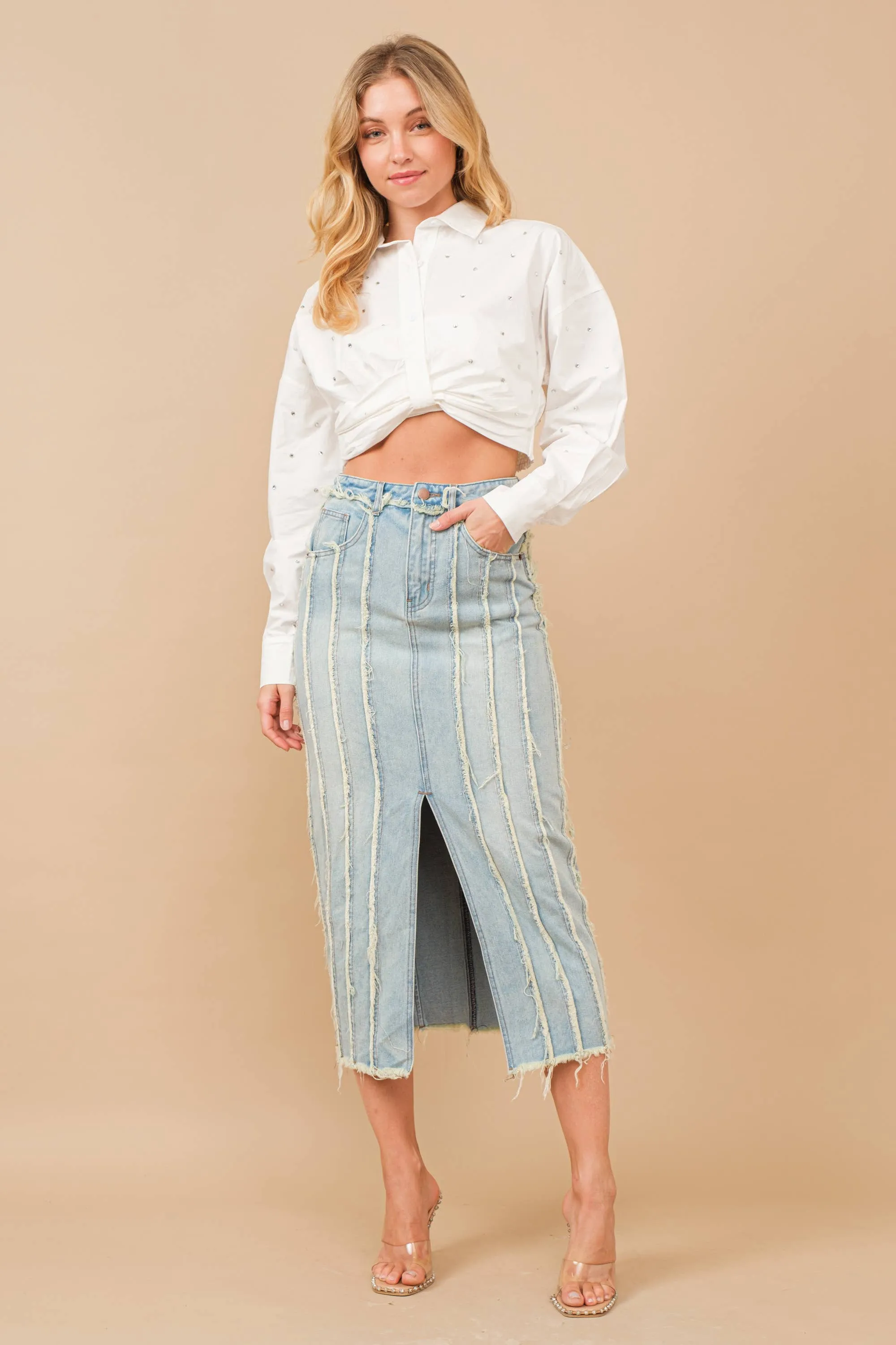 Distressed Maxi Denim Skirt