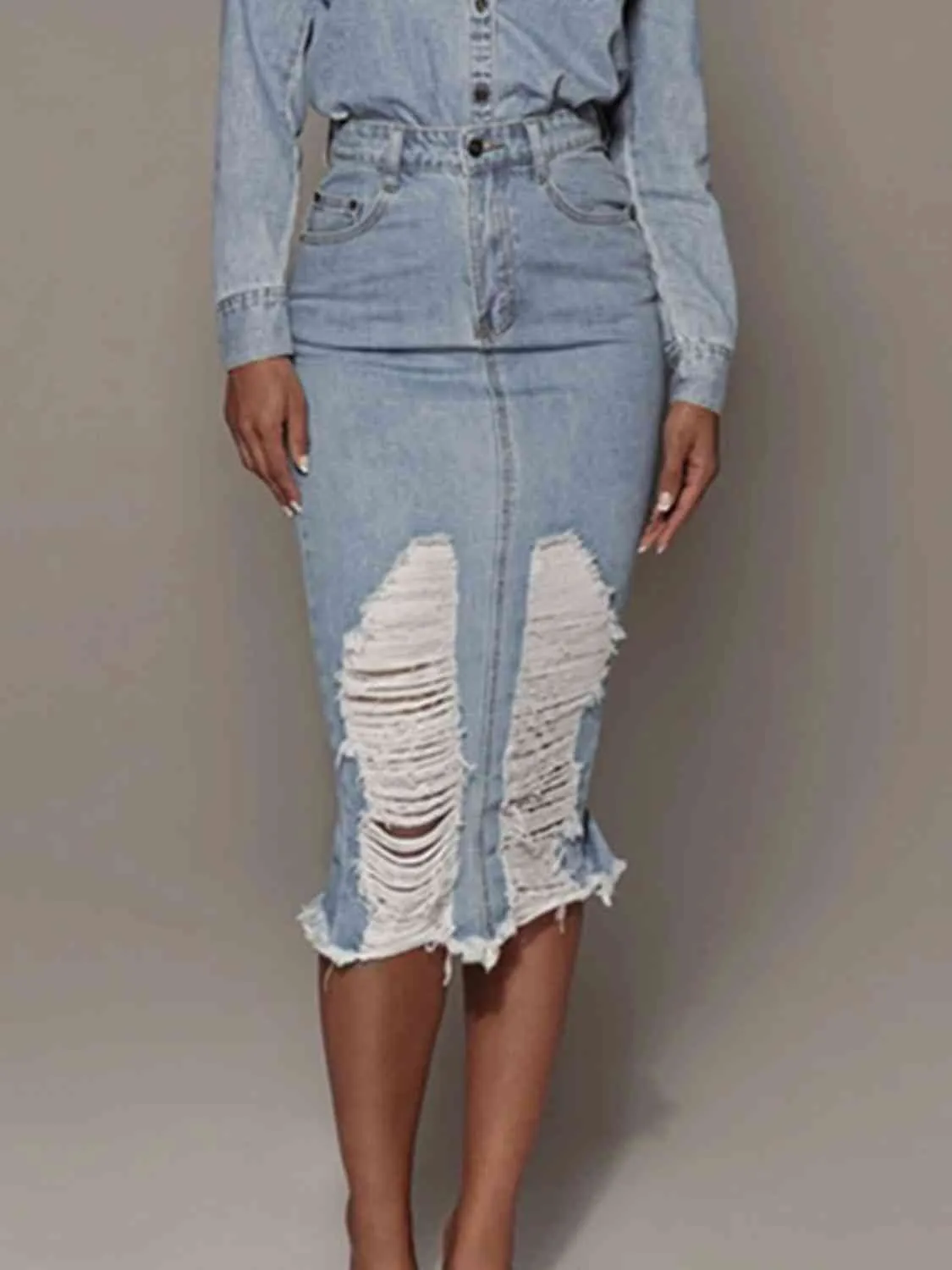 Distressed Slit Denim Midi Skirt