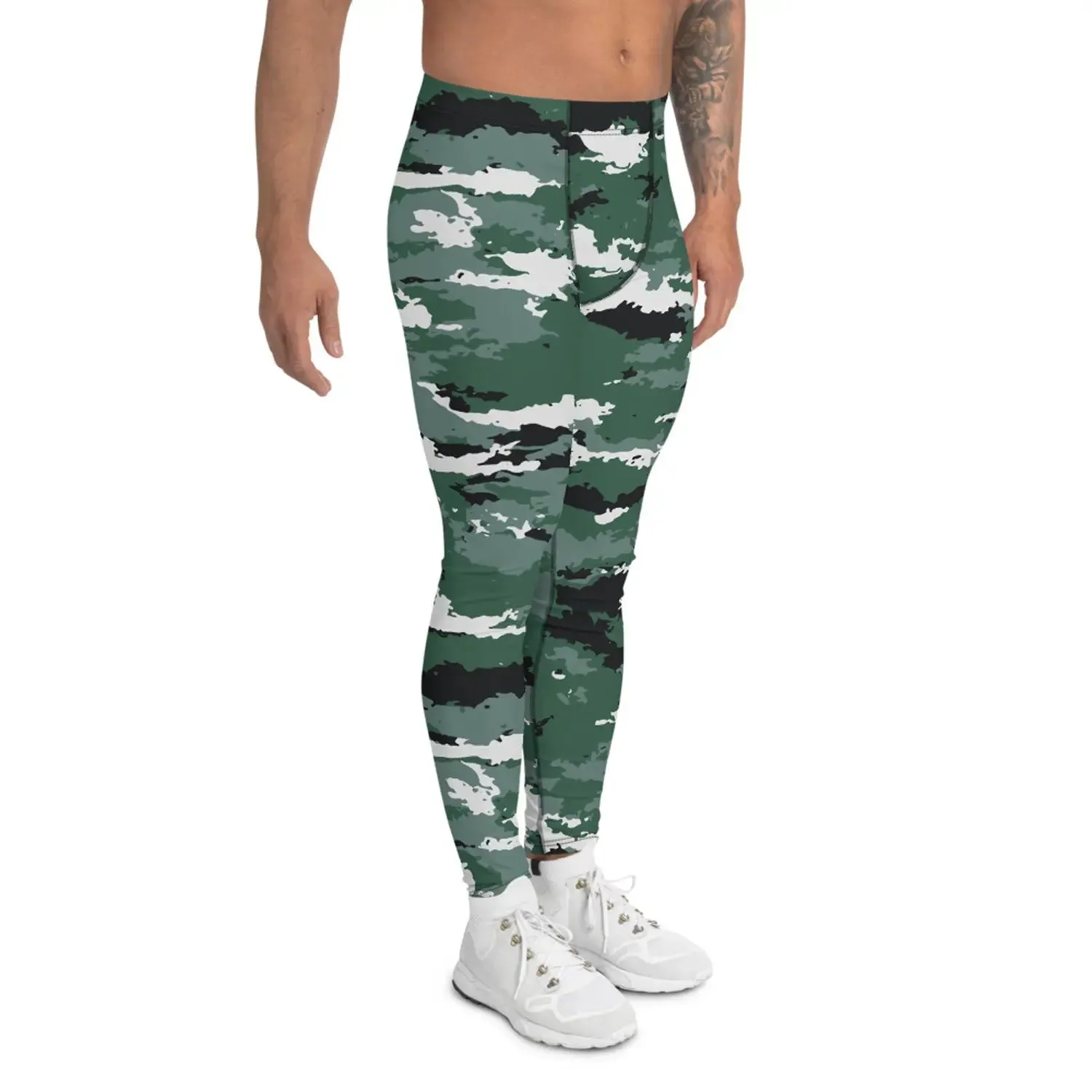 Earth Green Camo Men's Leggings - Moisture-Wicking, Quick-Drying, Compression, UPF 38-40 - Ideal for Surfing, MMA, Crossfit, Running