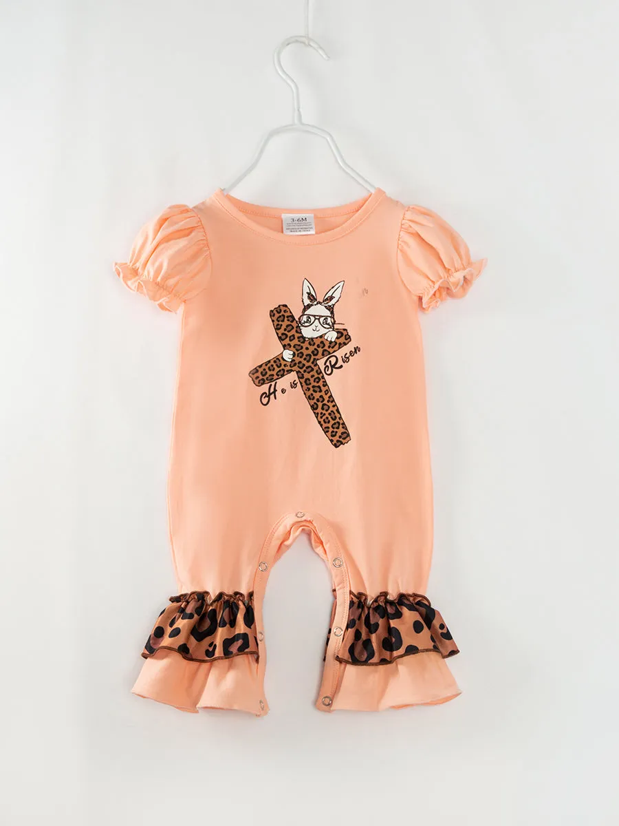 Easter Brown Leopard Cross Bunny Ruffle Baby Girl Romper