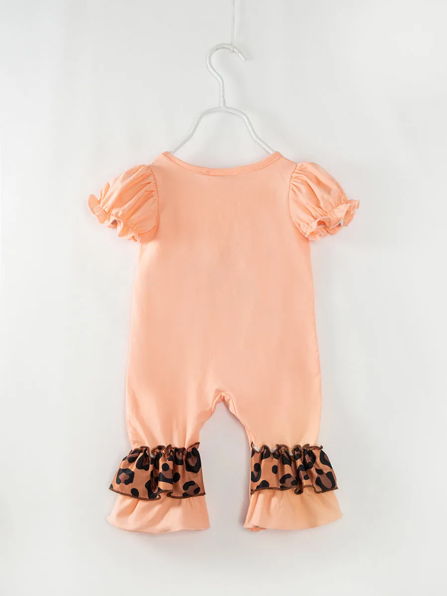 Easter Brown Leopard Cross Bunny Ruffle Baby Girl Romper