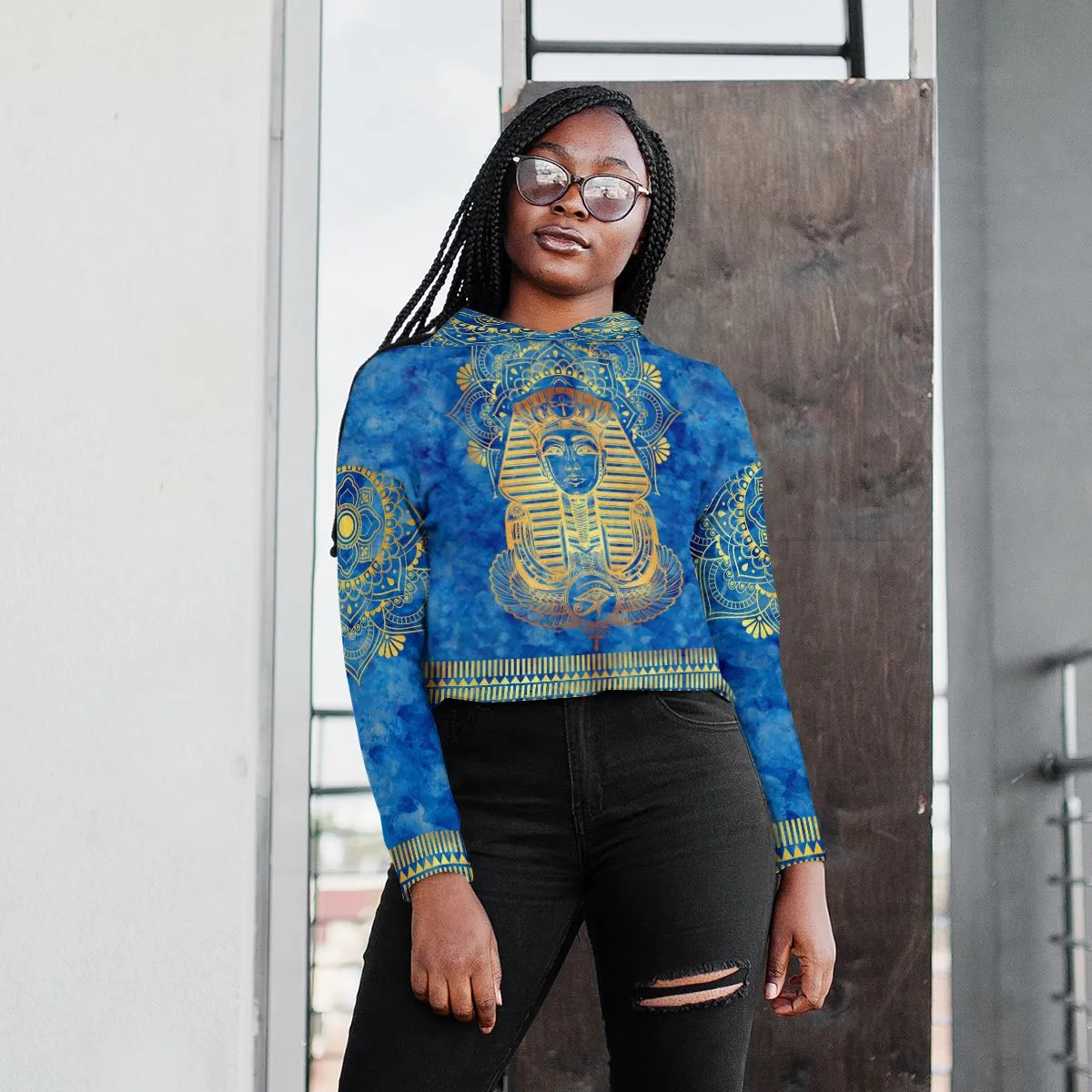 Egyptian Pharaoh Pattern In Blue Cropped Hoodie