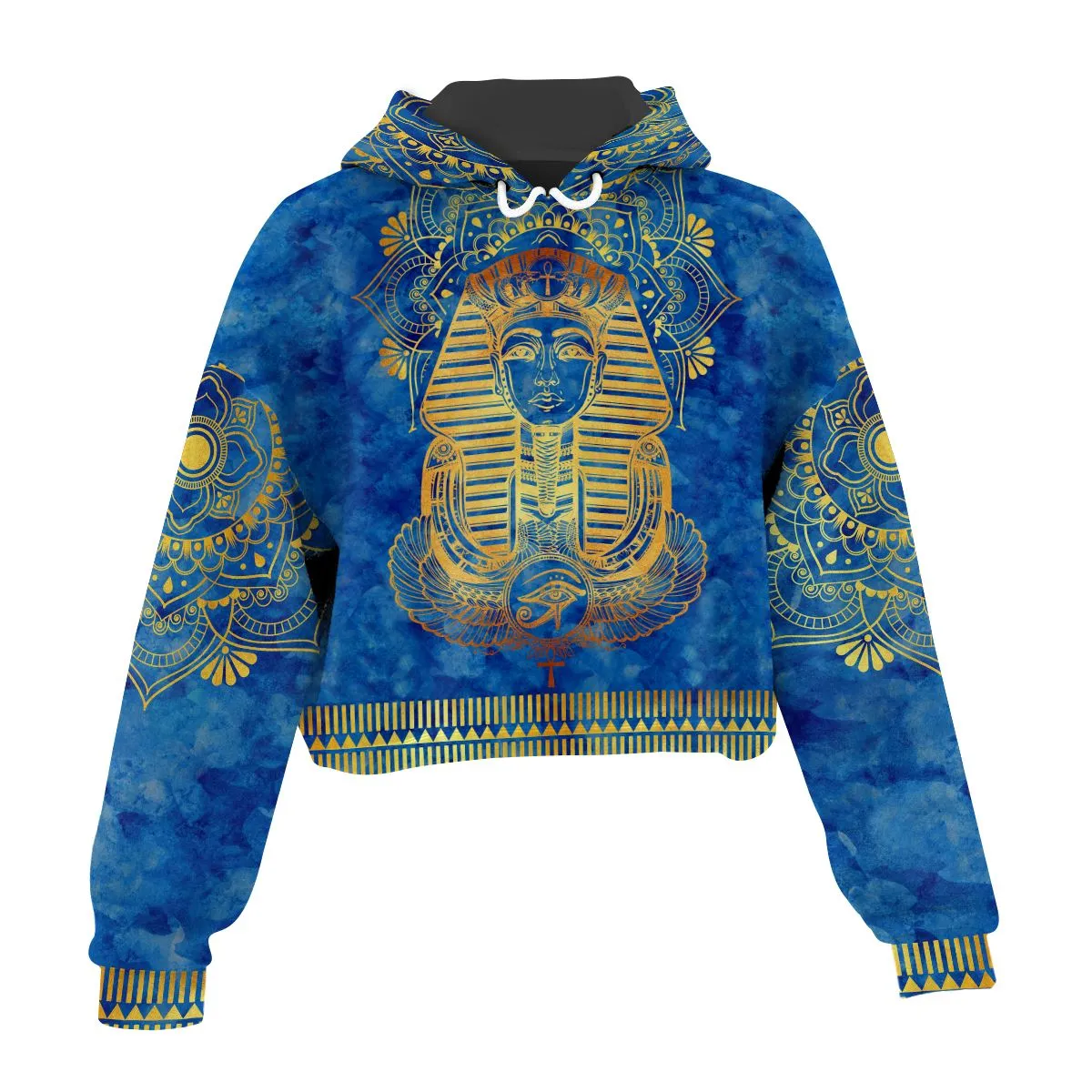 Egyptian Pharaoh Pattern In Blue Cropped Hoodie