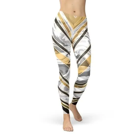 Elegant Women's Marble Print Leggings with Black and Gold Accents