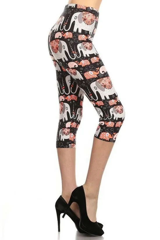 Elephants Printed, High Waisted Capri Leggings In A Fitted Style With An Elastic