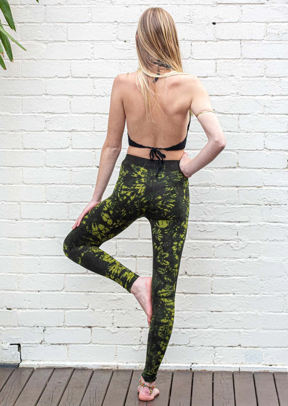 Emerald Green Leaf Print Tie Dye Leggings