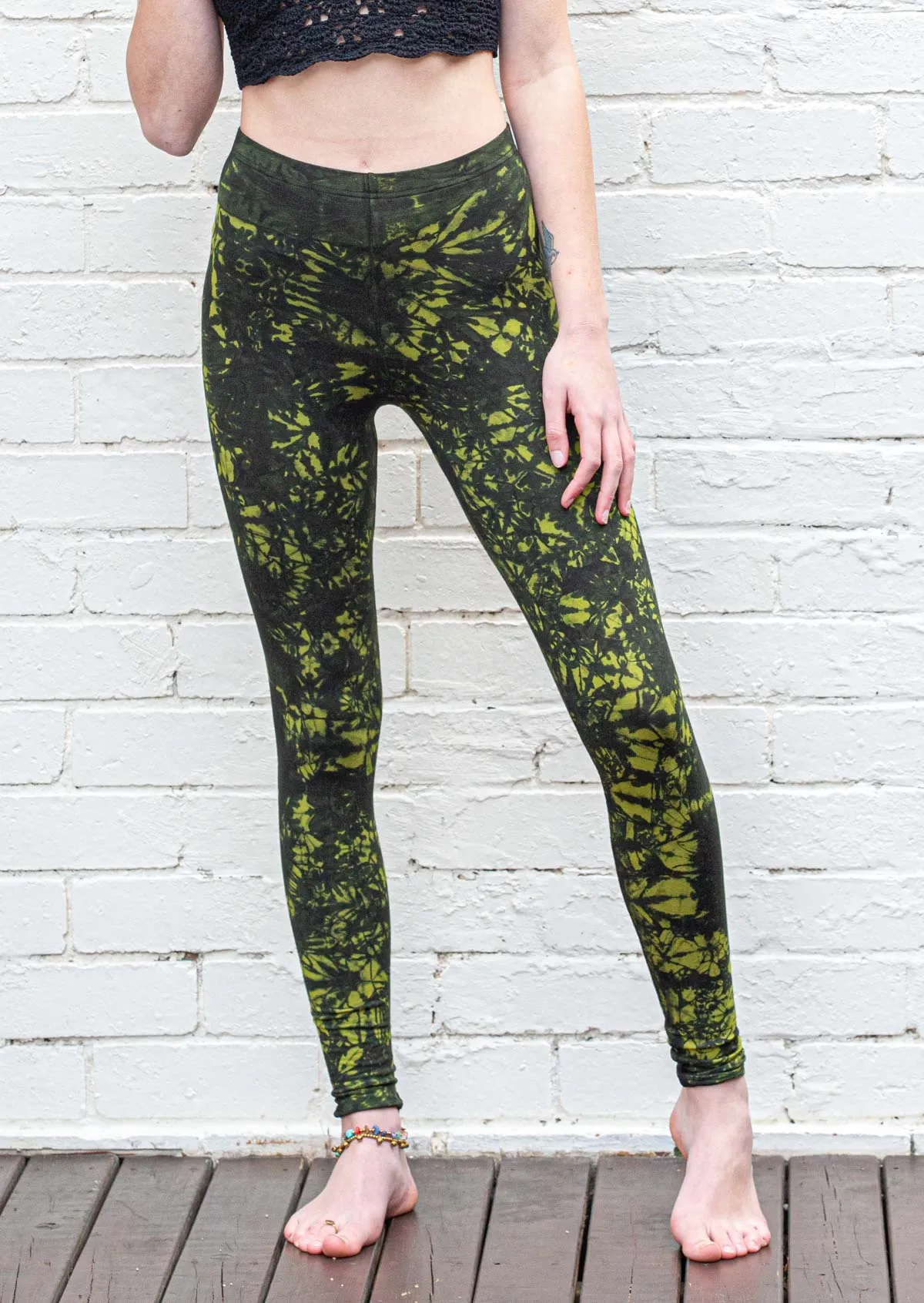 Emerald Green Leaf Print Tie Dye Leggings