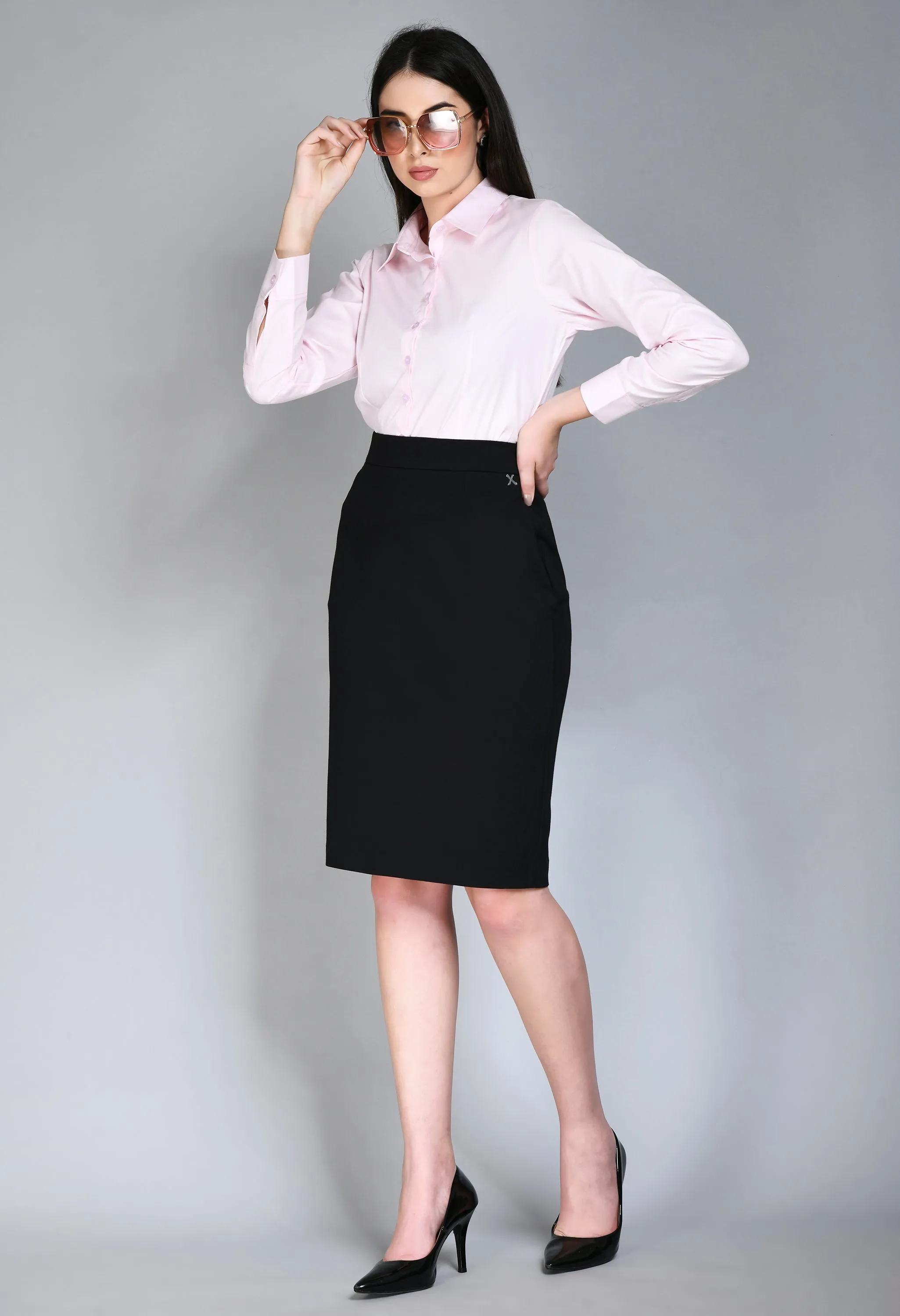 Exude Leadership Solid 4 Way Stretch Pencil Skirt (Black)