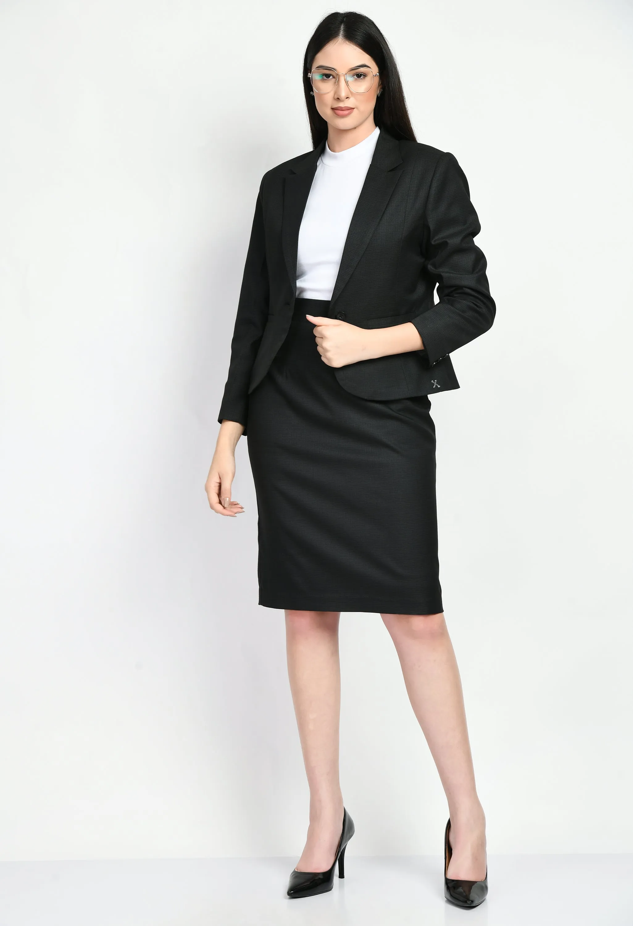 Exude Motivation Checked Short Blazer Pencil Skirt Suit (Black)