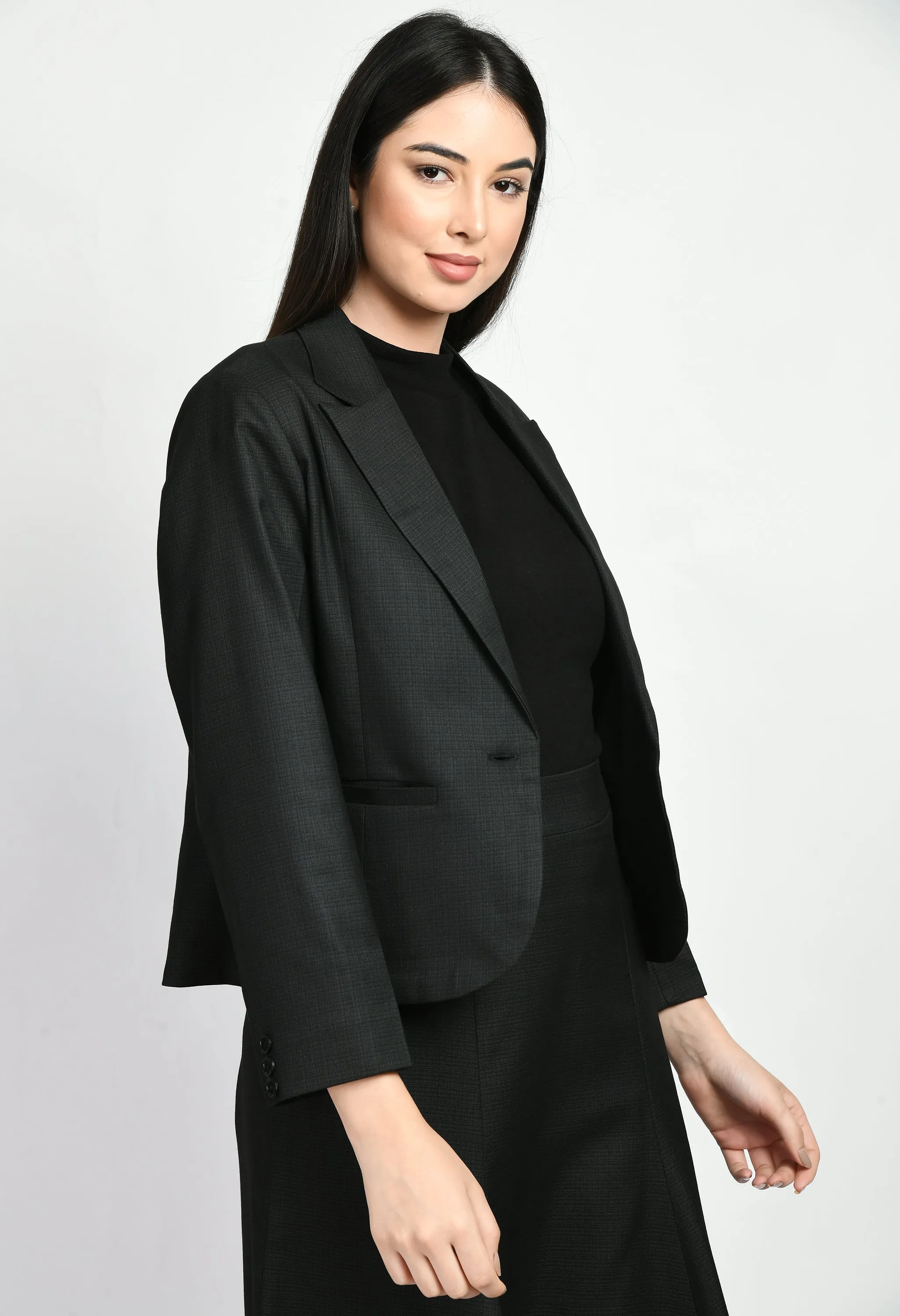 Exude Motivation Checked Short Blazer Pencil Skirt Suit (Black)