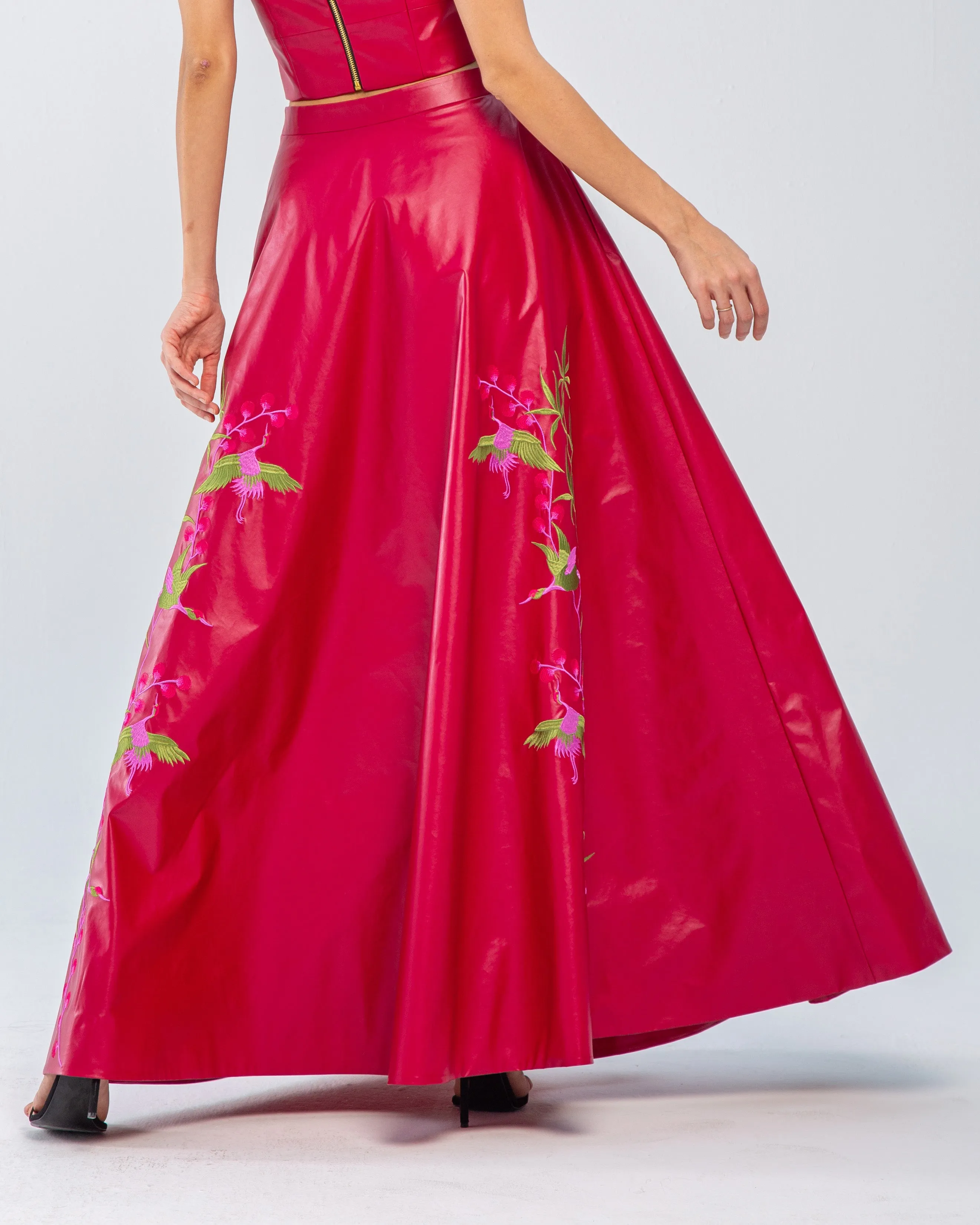 Faux Leather Embroidered Maxi Skirt