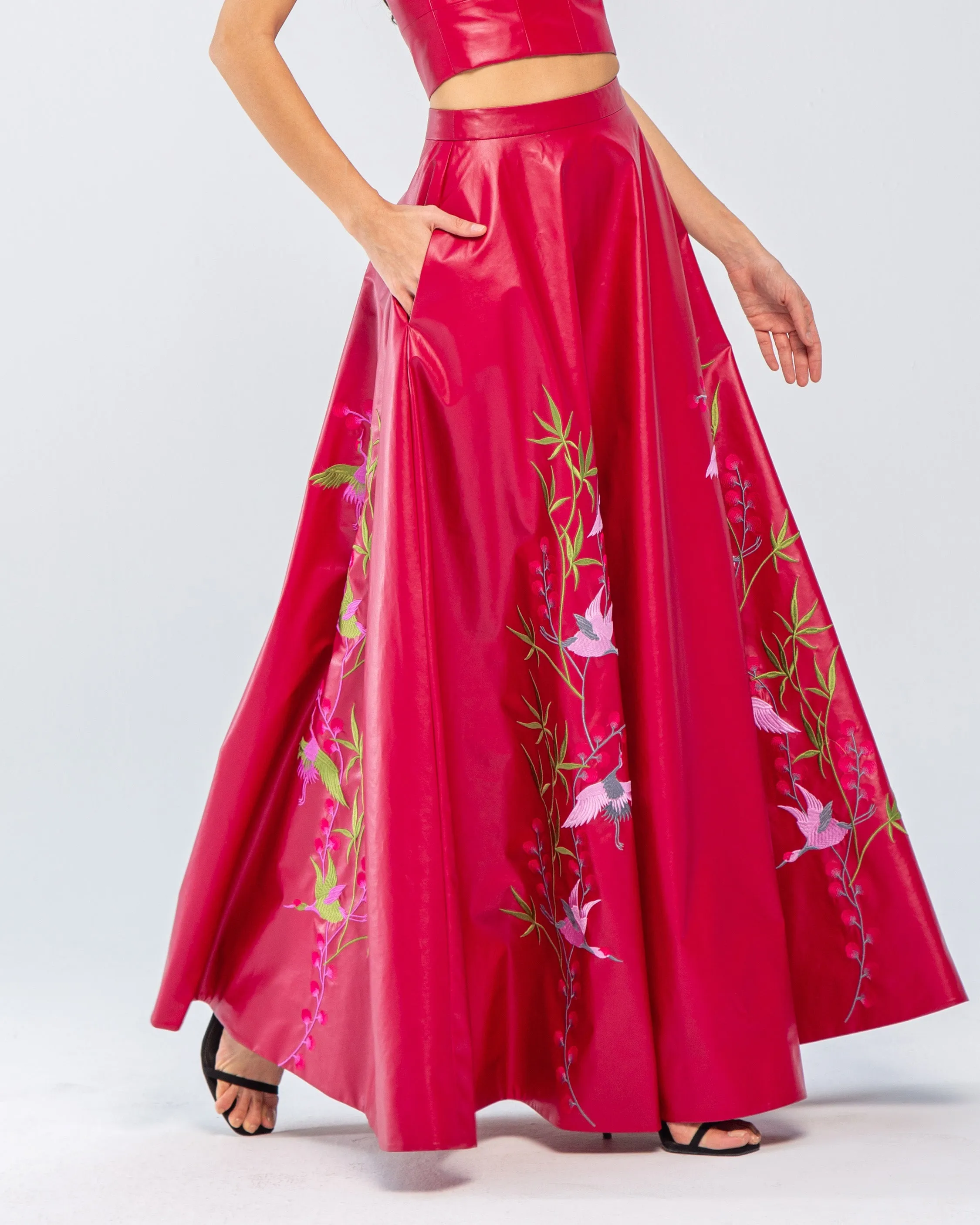 Faux Leather Embroidered Maxi Skirt