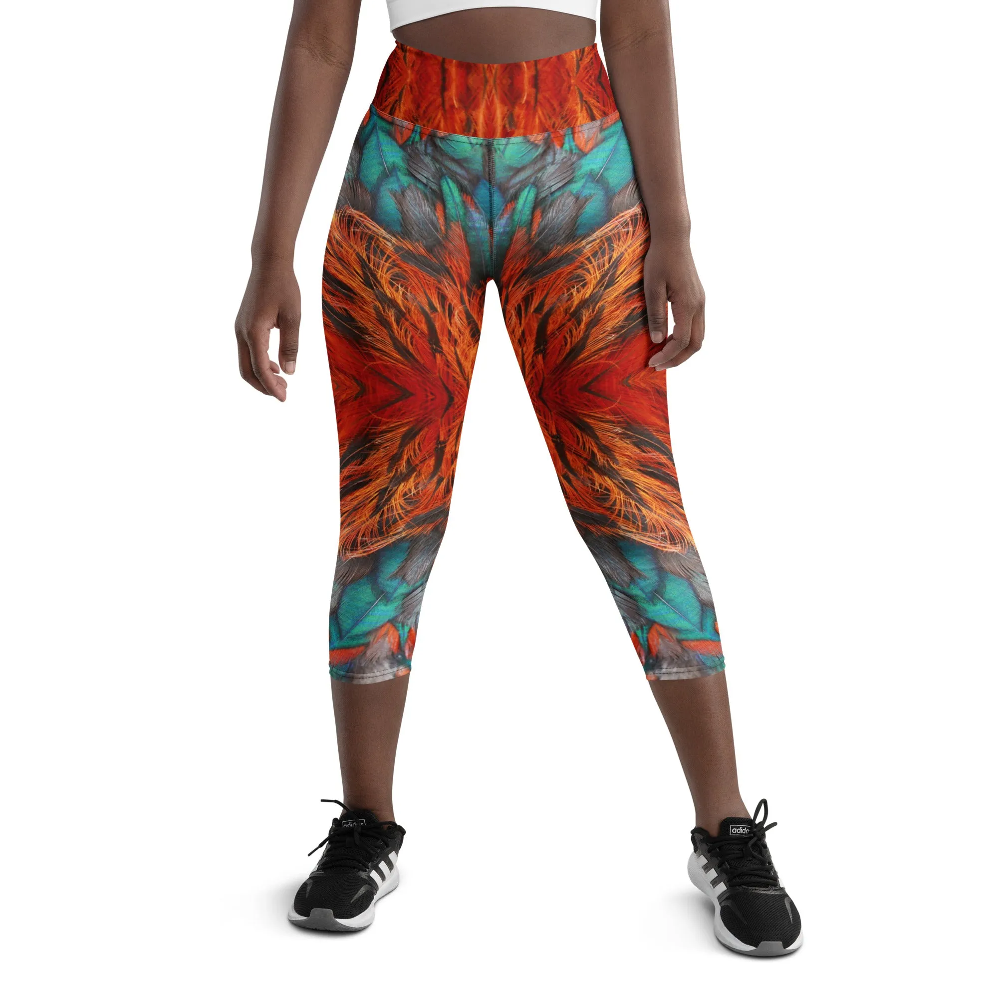 Flame Feathers Yoga Capri Leggings | Exercise Capri Leggings, lioness-love