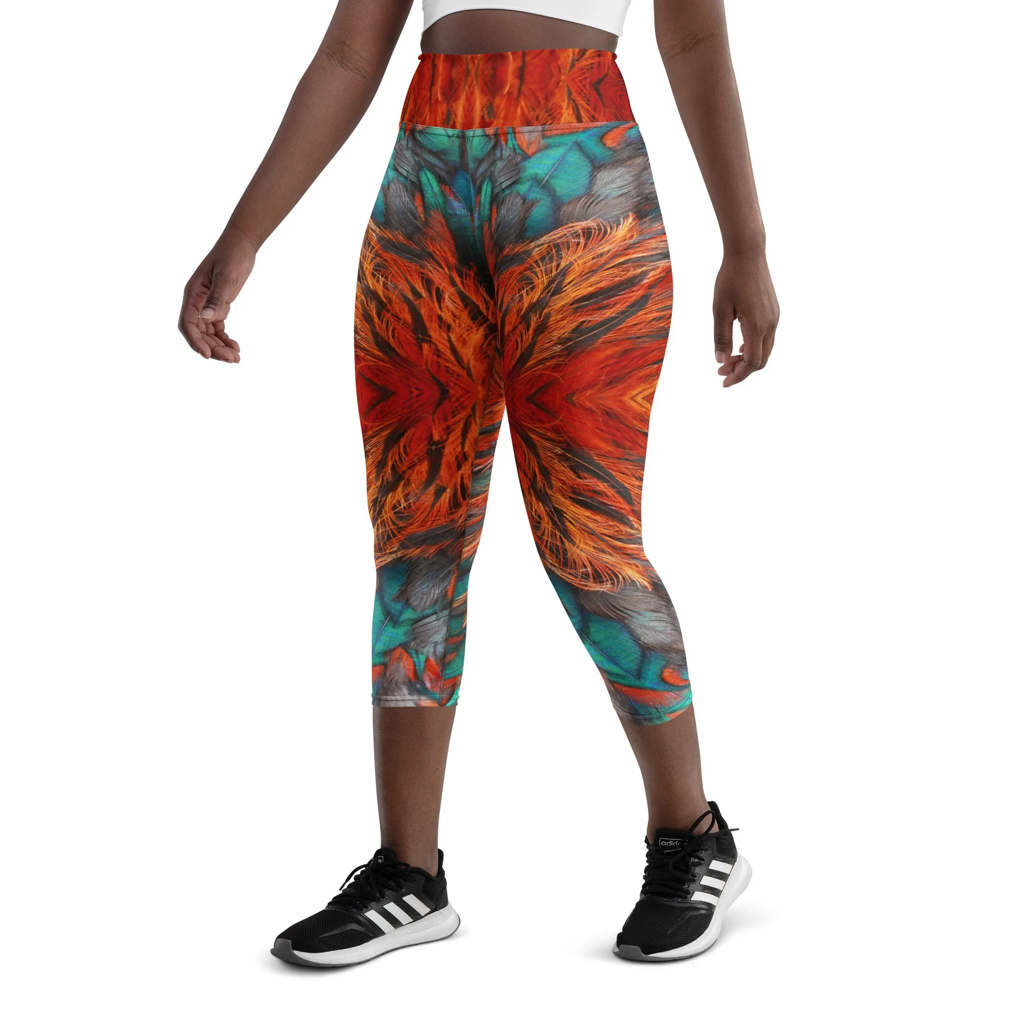 Flame Feathers Yoga Capri Leggings | Exercise Capri Leggings, lioness-love