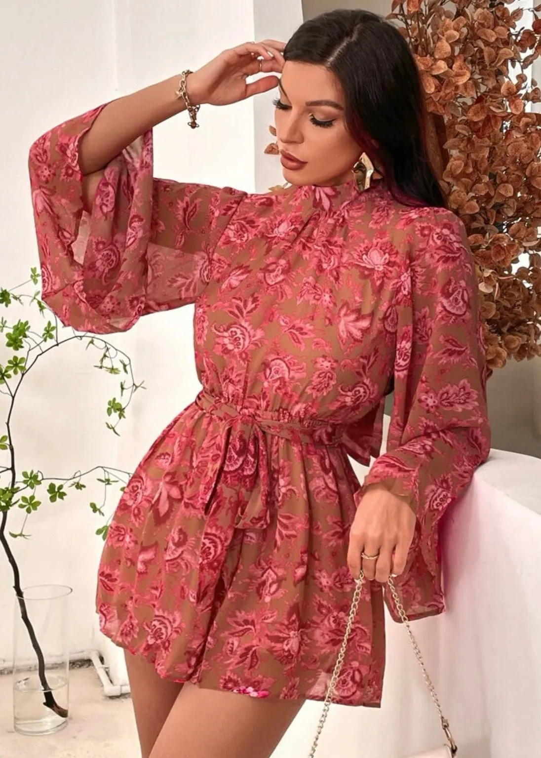 Floral Print Mock Neck Belted Romper