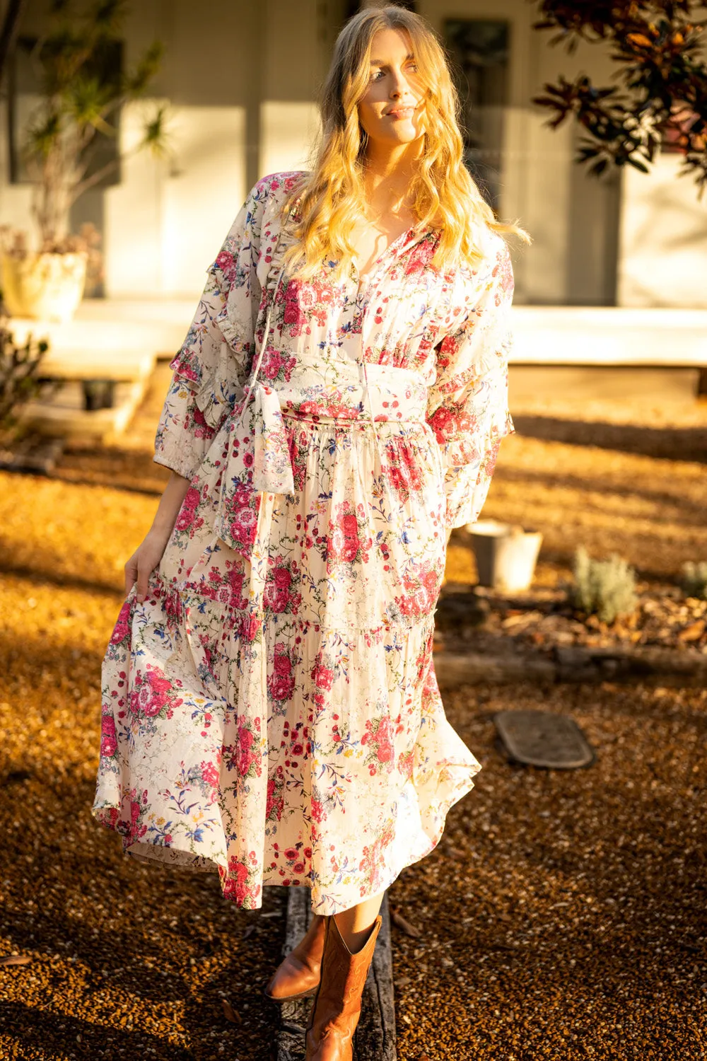 Floral Rose Print Cotton Maxi Dress