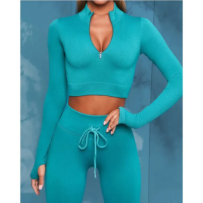 Front Zip Long Sleeve Crop Top Seamless Ribbed Texture Full Length High Waist Workout Fitness Legging workout clothes set