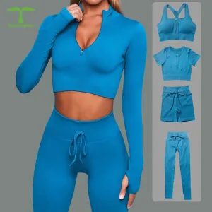 Front Zip Long Sleeve Crop Top Seamless Ribbed Texture Full Length High Waist Workout Fitness Legging workout clothes set