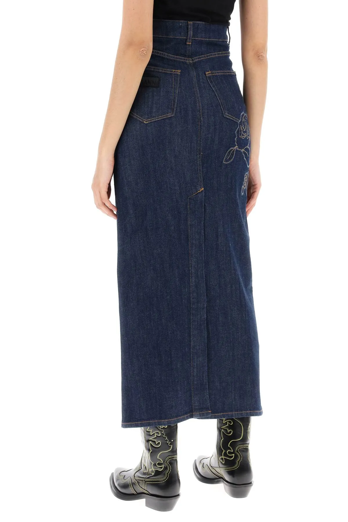 Ganni Maxi Denim Skirt With Pink Embroidery