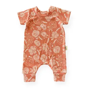 Geo Flowers Rose Ribbed Harem Romper