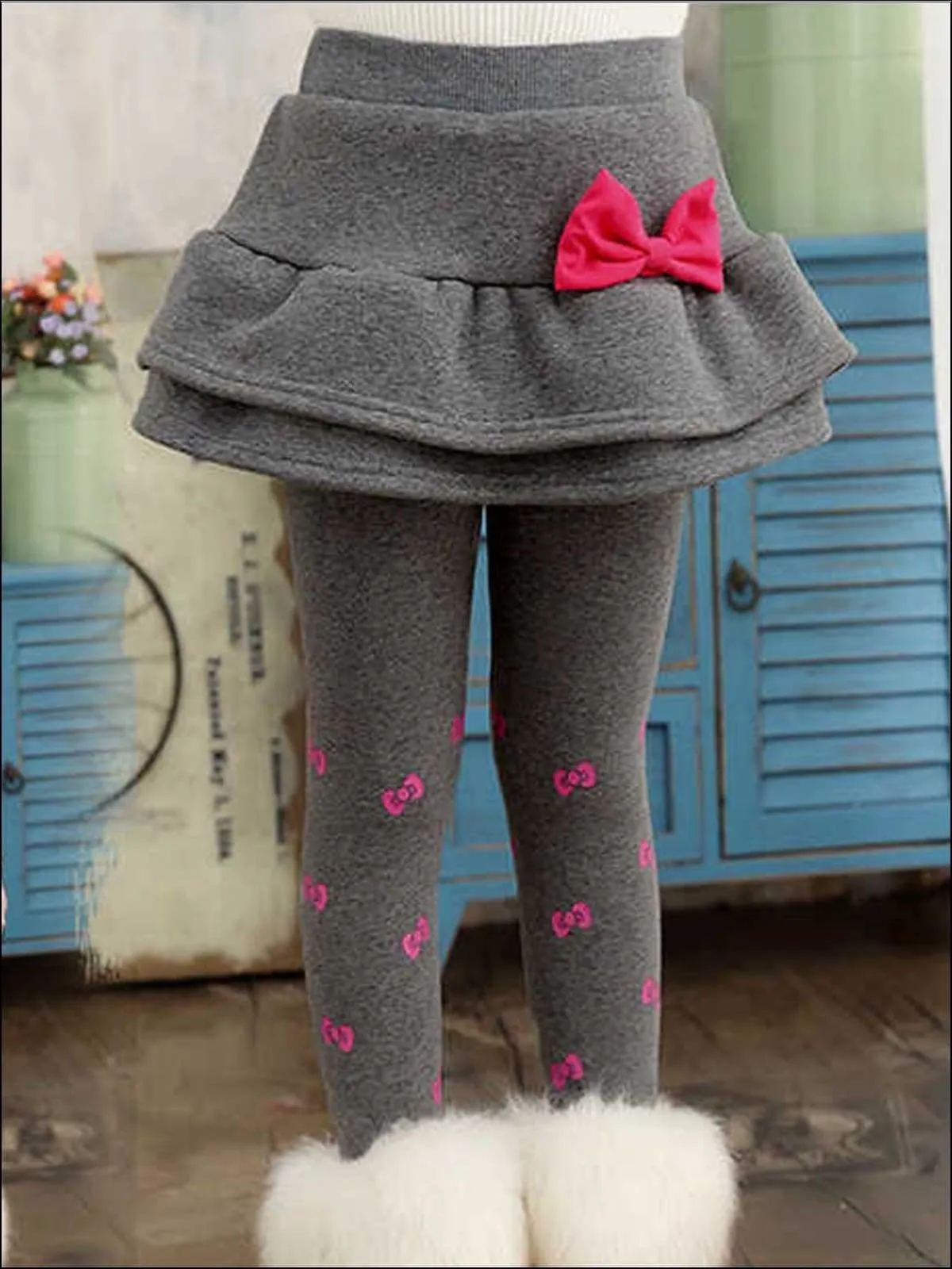 Girls Tiered Ruffle Bow Detail Printed Skirt Leggings