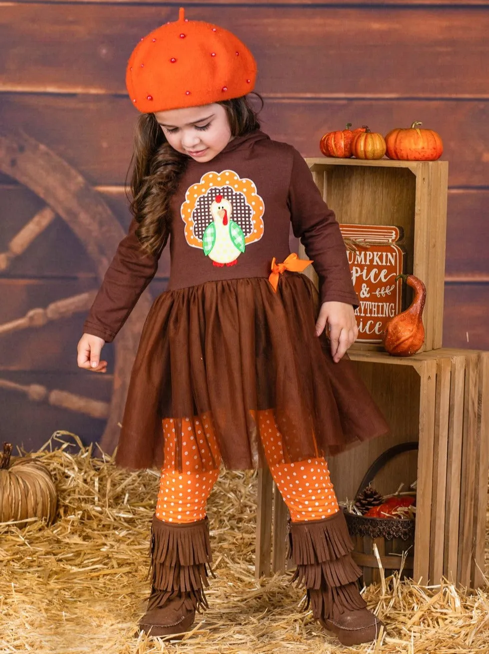 Girls Turkey Peplum Tutu Hoodie and Polka Dot Legging Set