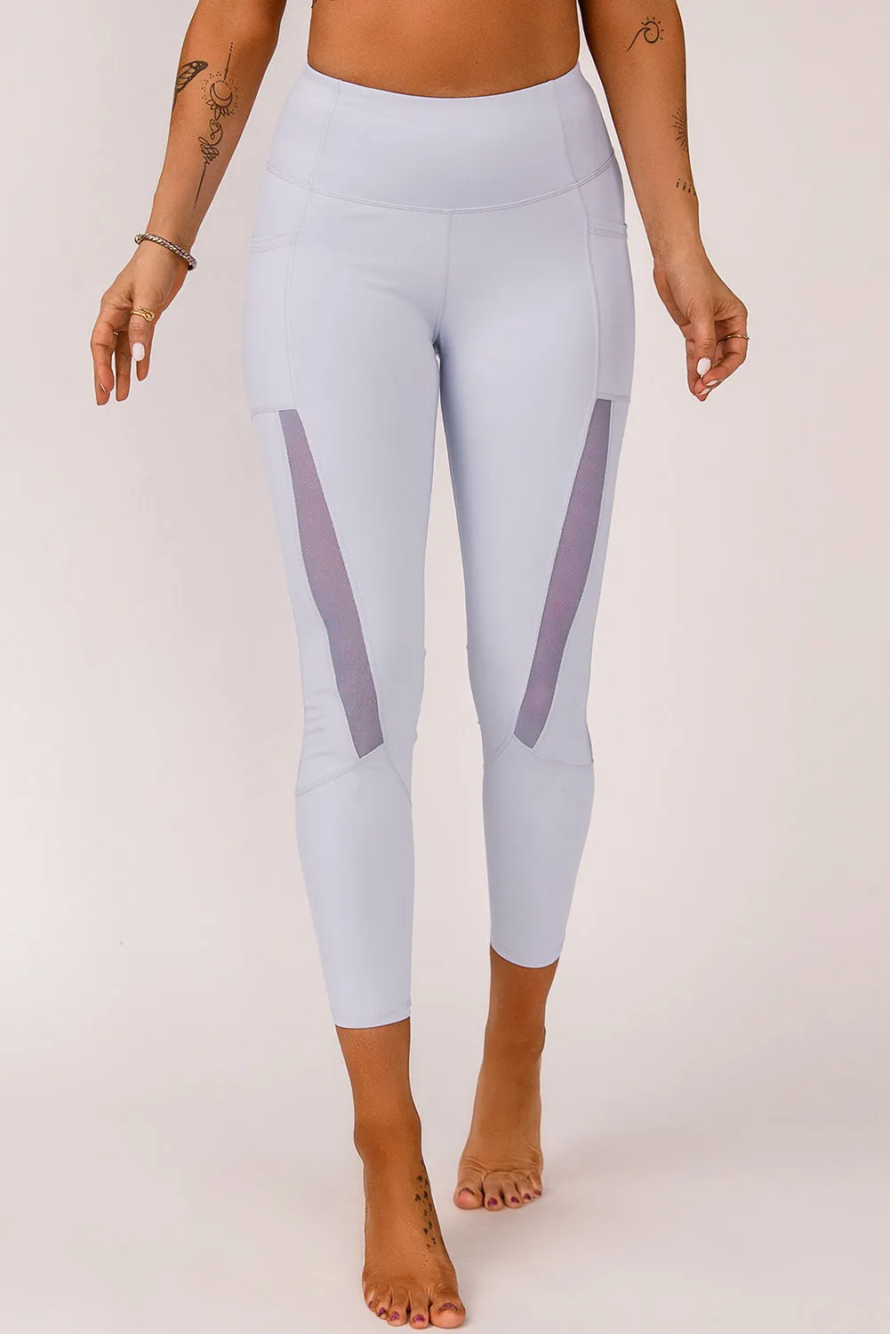 Gray Mesh Side Splicing High Waist Yoga Sports Leggings with Phone Pocket