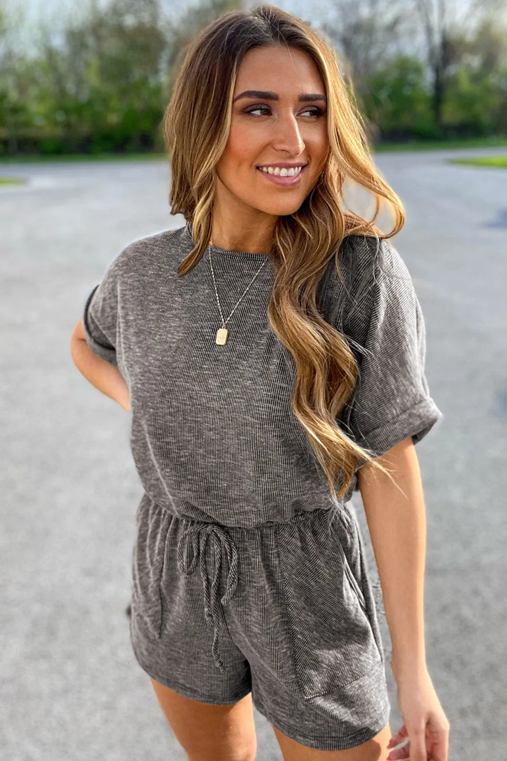 Gray Ribbed Elastic Waist Romper