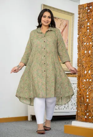 Green Floral Printed Plus Size Cotton Kurta (Set Of 1)