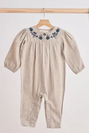 Grey floral embroidery linen girl romper