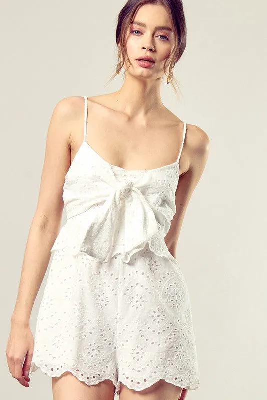 Hampton White Scallop Edge Front Tie-Up Romper