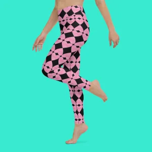 Harlequin Hearts Pink and Black High-Waisted Yoga Leggings