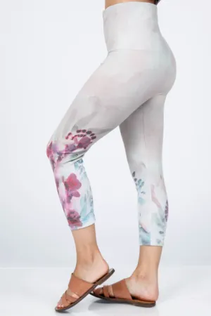 High Waist Crop Watercolor Floral Leggings