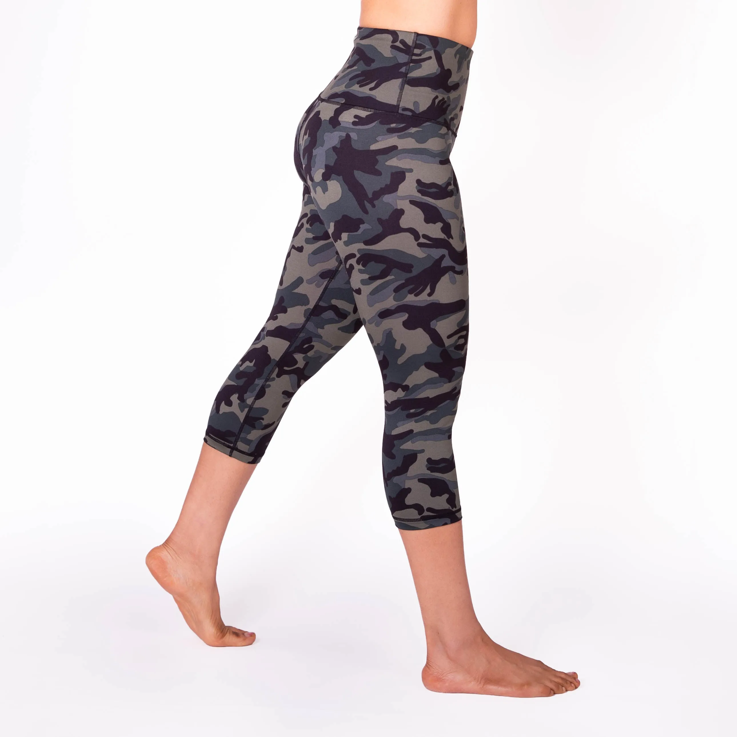 High Waist Green Camo Print Compression Capri Leggings