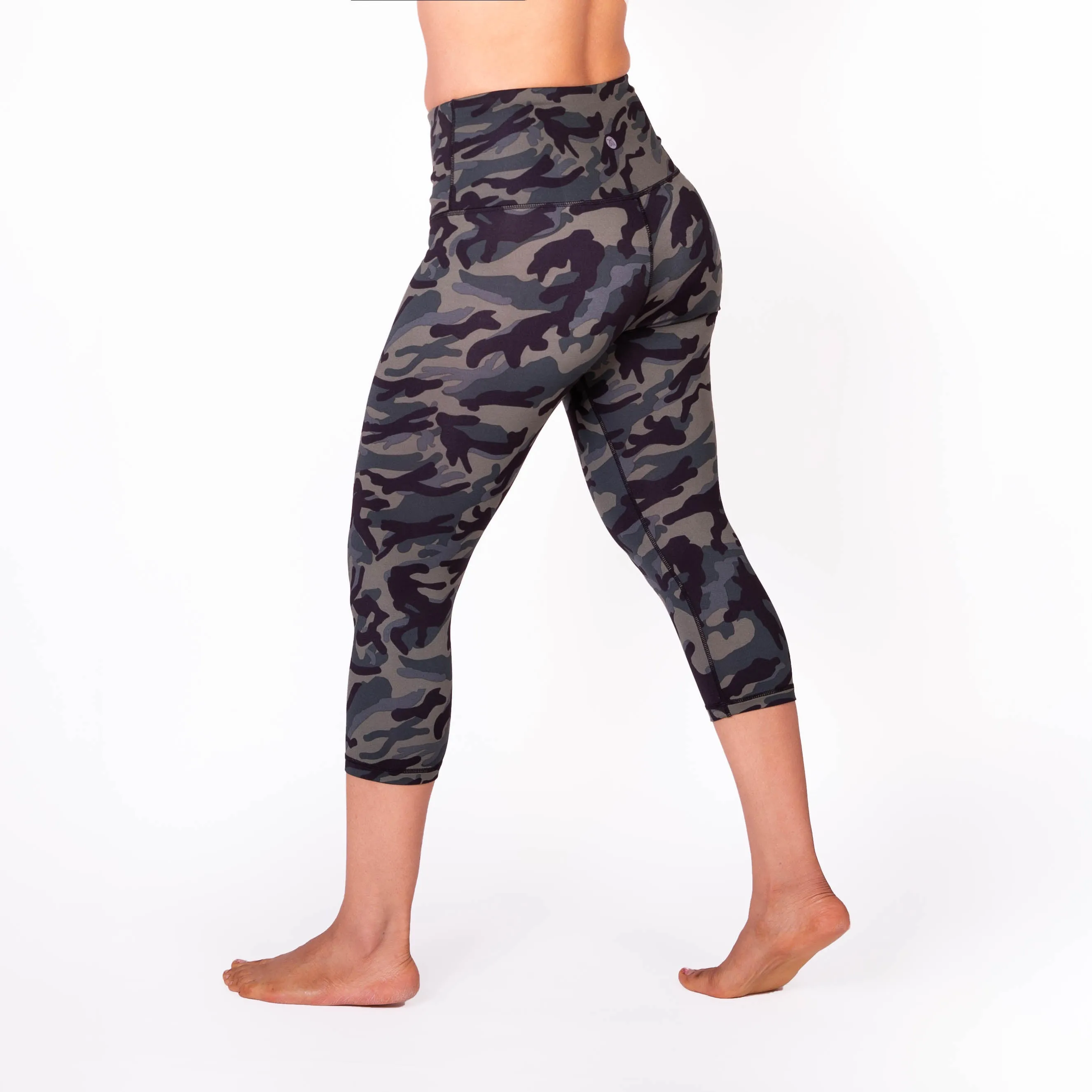 High Waist Green Camo Print Compression Capri Leggings